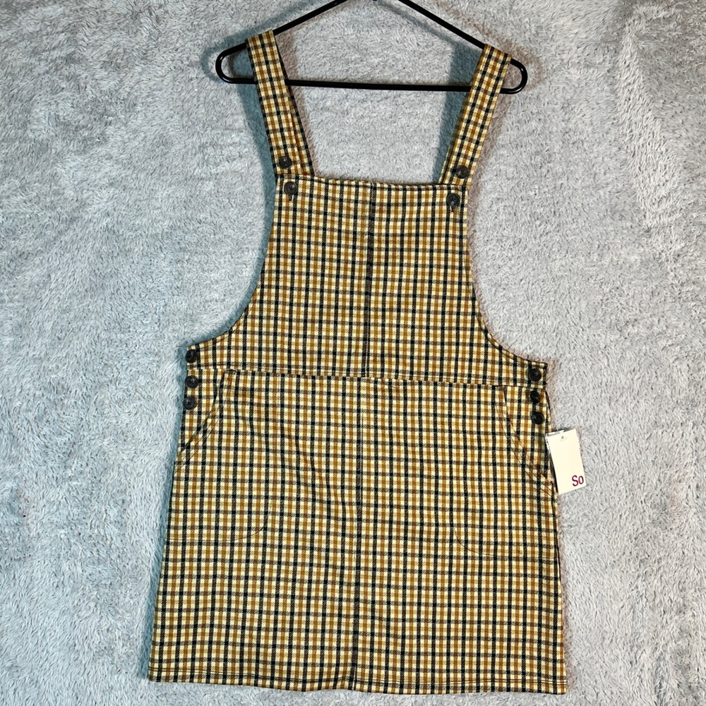 SO Brown Check Button Strap Knit Pinafore Dress Large NWT